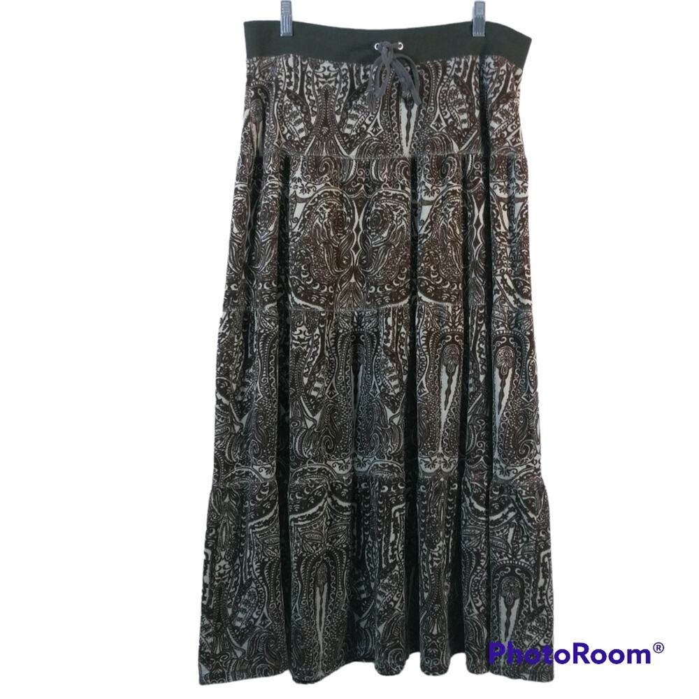 Vintage Juicy Couture Brown Paisley Y2K Velour Midi Skirt Size Small